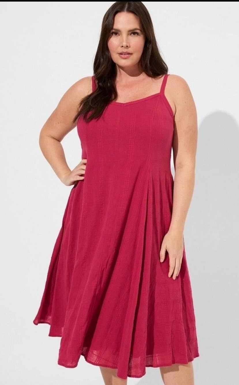 NWT Torrid Size 3X Midi Textured Cotton Trapeze Dress Lined Red Bud Flowy Boho